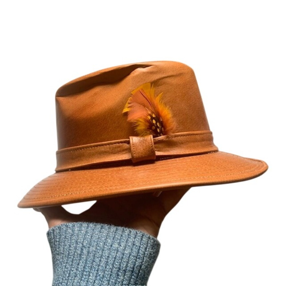Vintage Dunlap Leather Fedora Brown Size 7 Feather Dress Hat Classic NOS